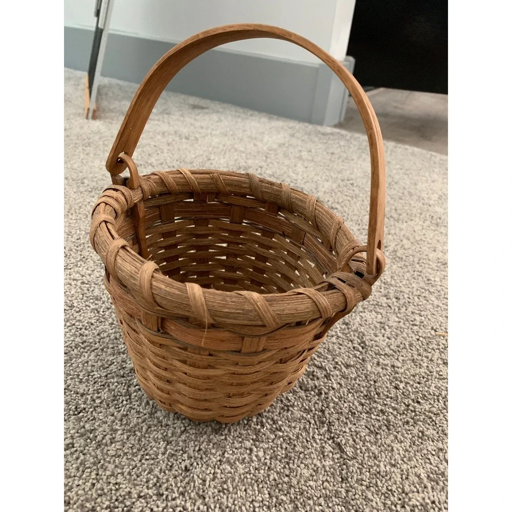Vintage 1990 Hand Woven Wood Basket Rustic Cottagecore Boho Minimalist Retro 90s
